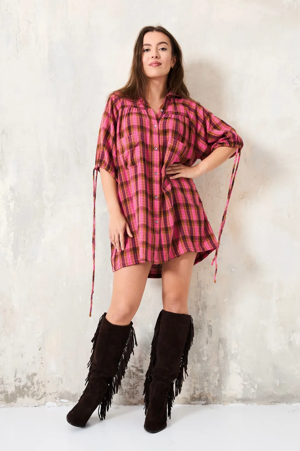 Chicosoleil Robes Mitzu robe courte pink check coton chemise