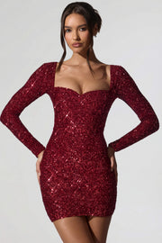 Oh Polly Sephina Robe mini sequins manches longues rouge