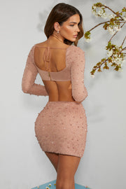 Oh Polly Belle Ile mini jupe beige taille haute fente perles