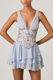 Oh Polly Embellished Sakura mini robe bleu floral corset volants