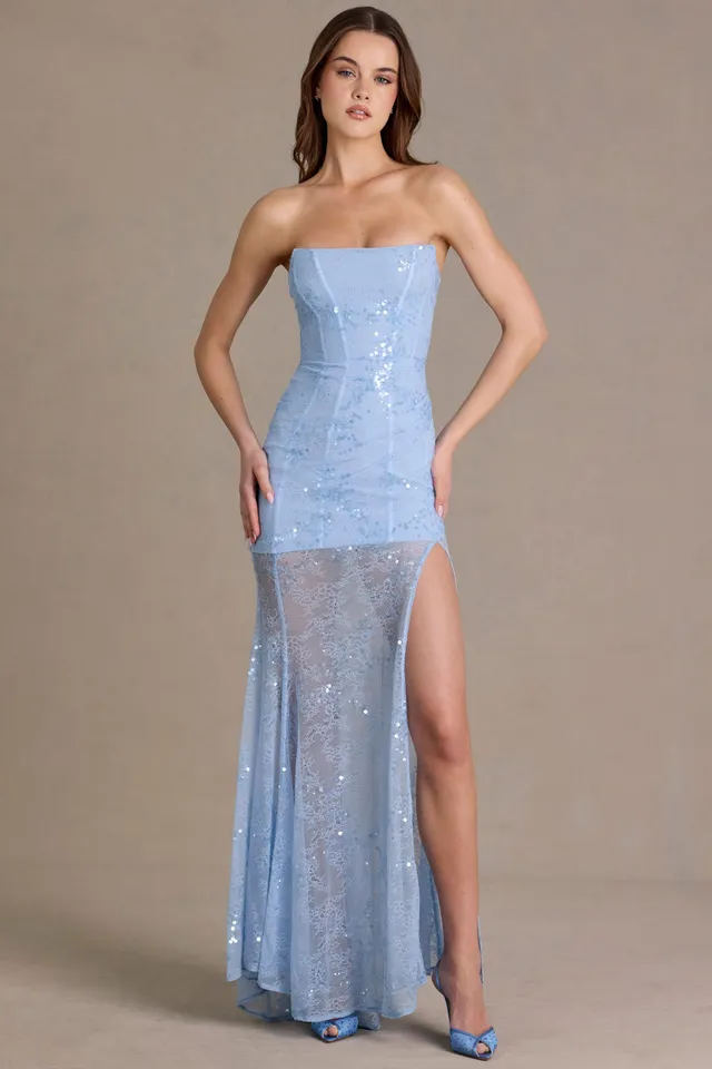 Oh Polly Embellished robe bustier dentelle bleu ciel sequins