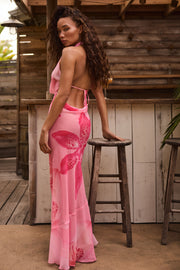 Oh Polly Taveuni robe maxi rose orchidée col drapé