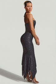 Oh Polly Josephine Robe Midaxi Noire strass asymétrique
