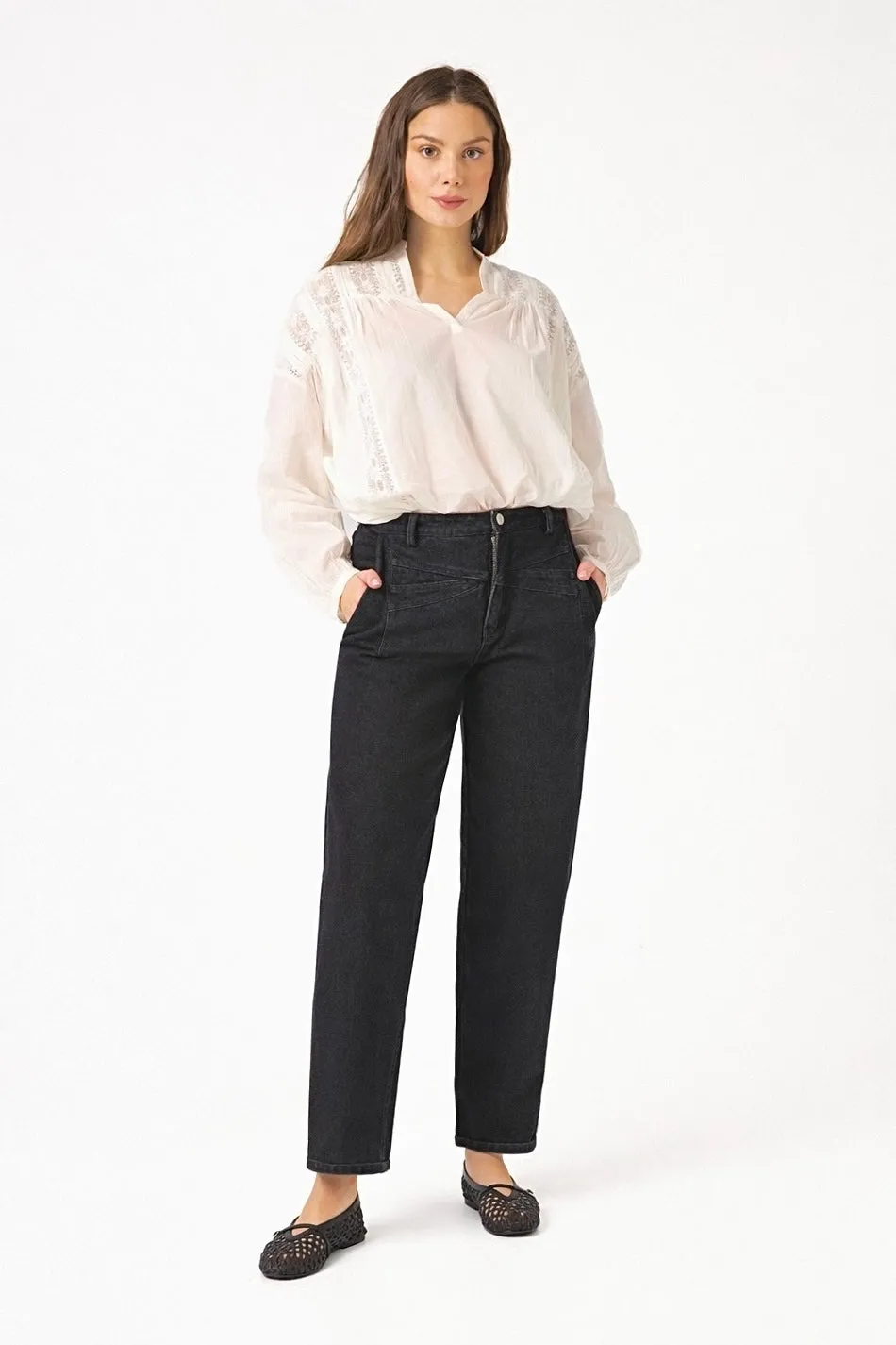Chicosoleil Rio jean carotte noir taille haute coton