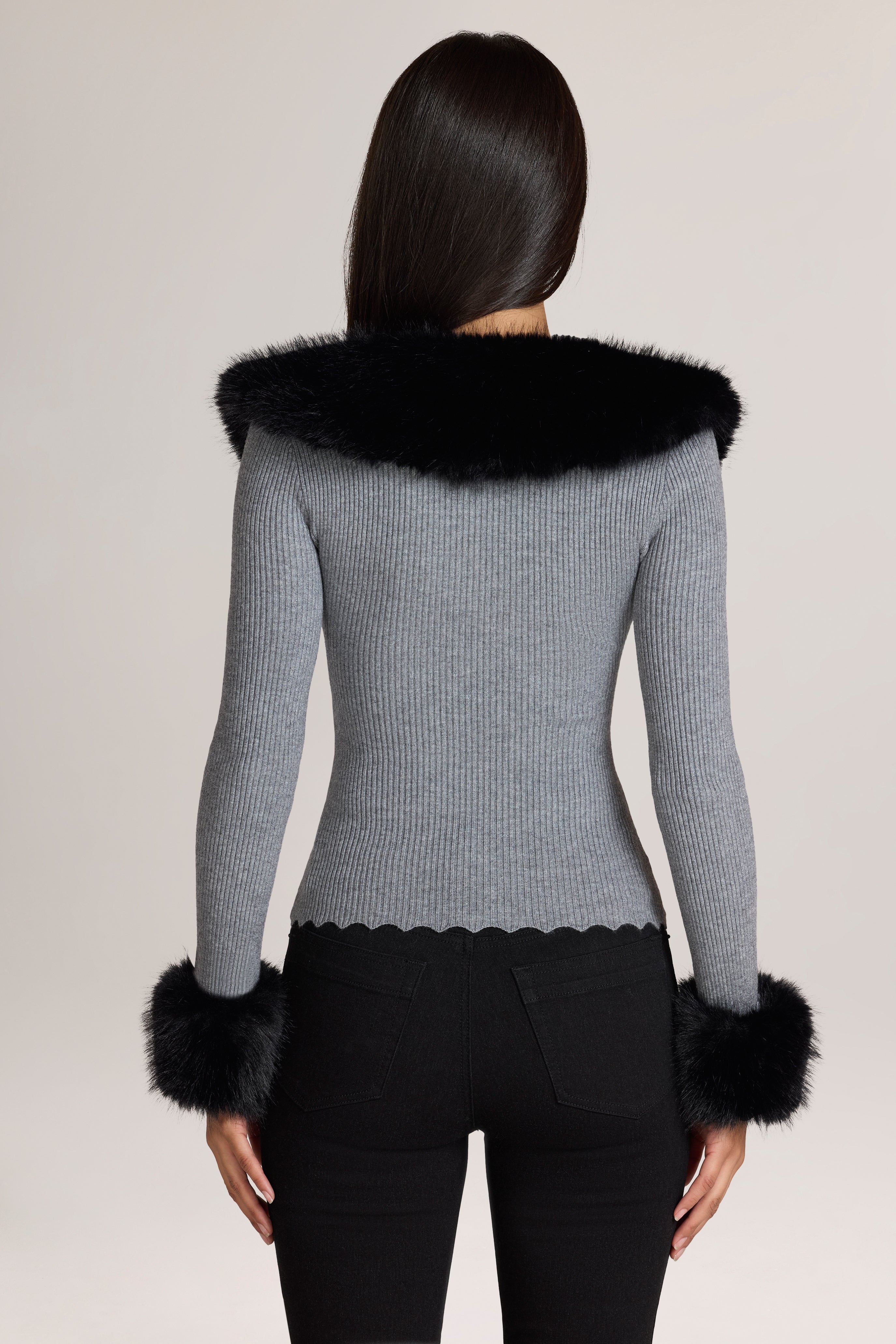 Oh Polly Lissie cardigan maille gris fausse fourrure