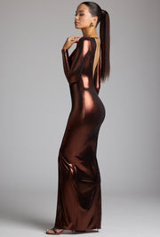 Oh Polly Safiya robe longue cuivre bronze jersey métallique