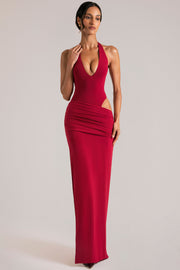 Oh Polly Deep Plunge Halterneck robe longue rouge cerise découpe