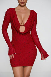 Oh Polly Nice robe mini strass rouge manches longues
