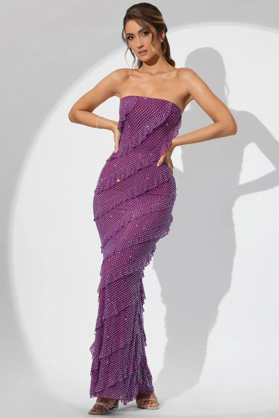 Oh Polly Dulce robe maxi bustier prune volants strass