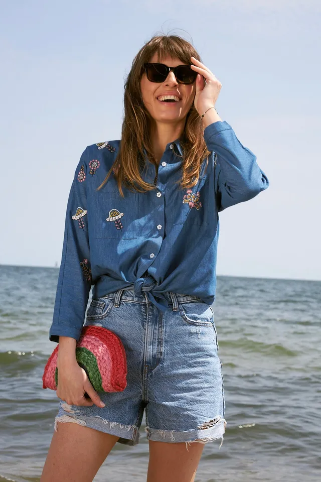 Chicosoleil Lony chemise denim bleu brodée