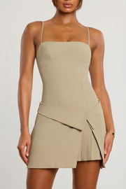 Oh Polly Bruna Mini Robe Taupe - Robe Portefeuille Plissée Twill
