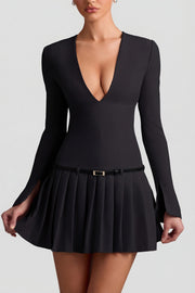 Oh Polly Fiorella robe mini plissée black manches longues