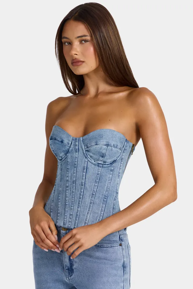 Oh Polly Tops 16521 top corset jean bleu denim stretch