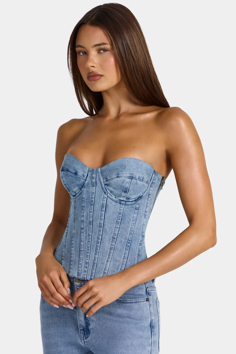 Oh Polly Tops 16521 top corset jean bleu denim stretch