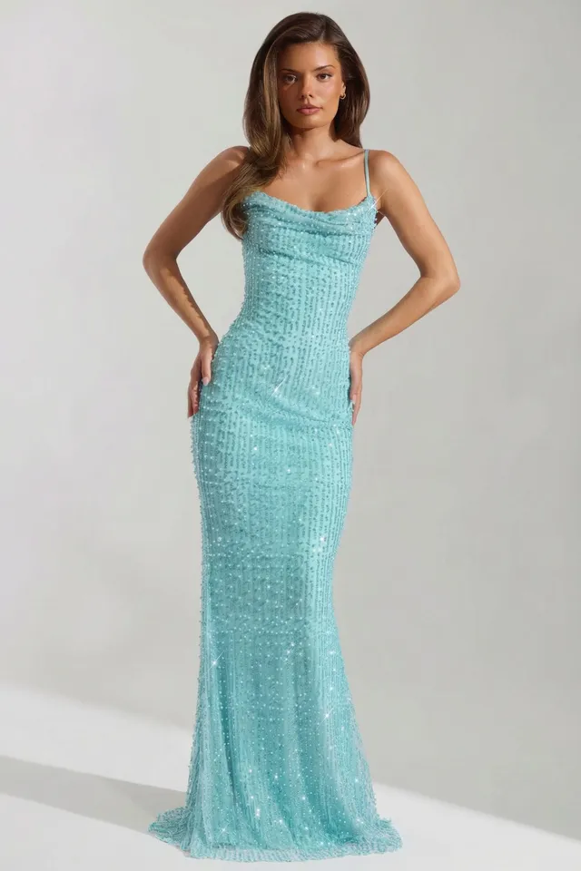 Oh Polly Nivalis Robe Maxi Dos Nu Bleu Aqua Perles