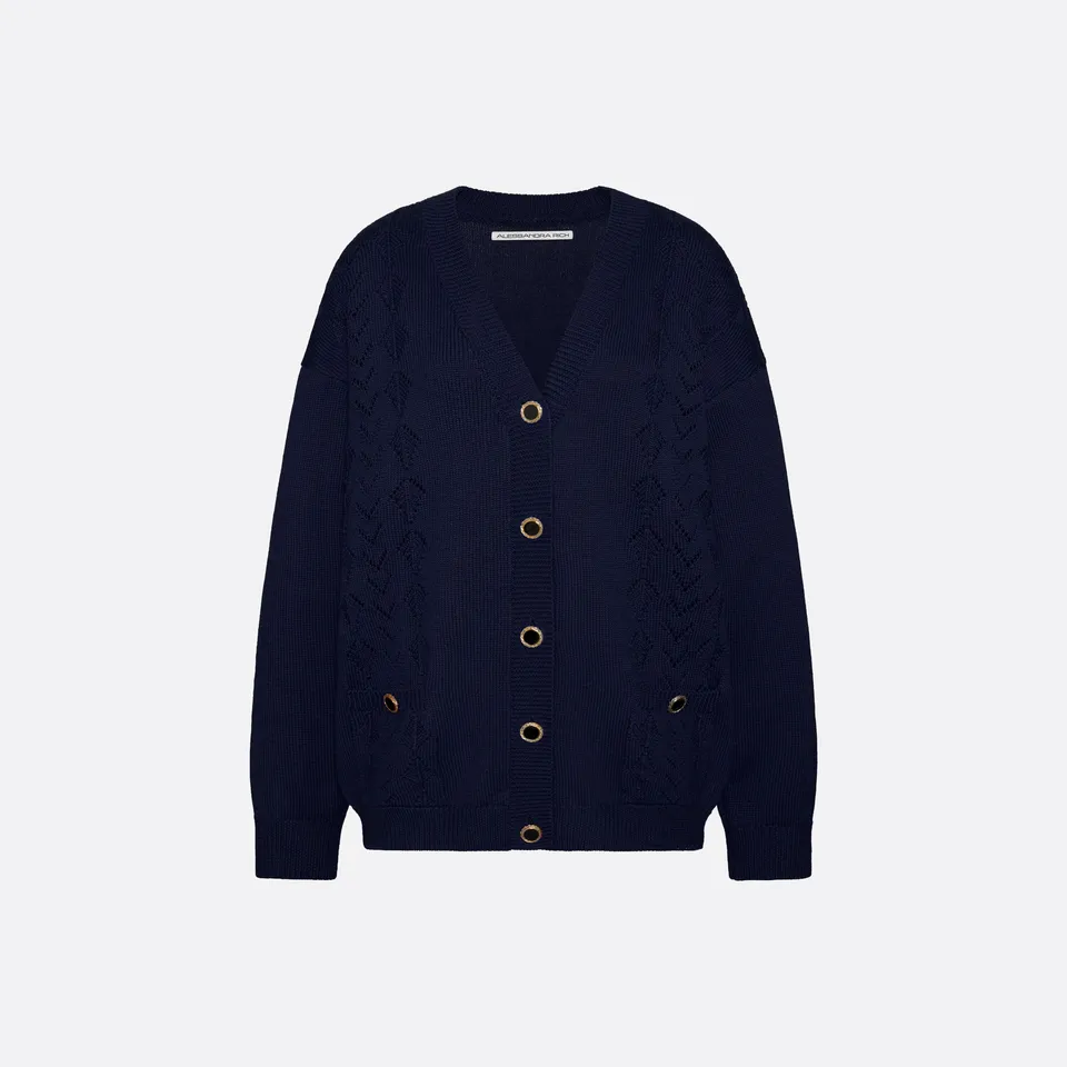 Alessandra Rich Knitwear cardigan dentelle laine mérinos bleu 36-46