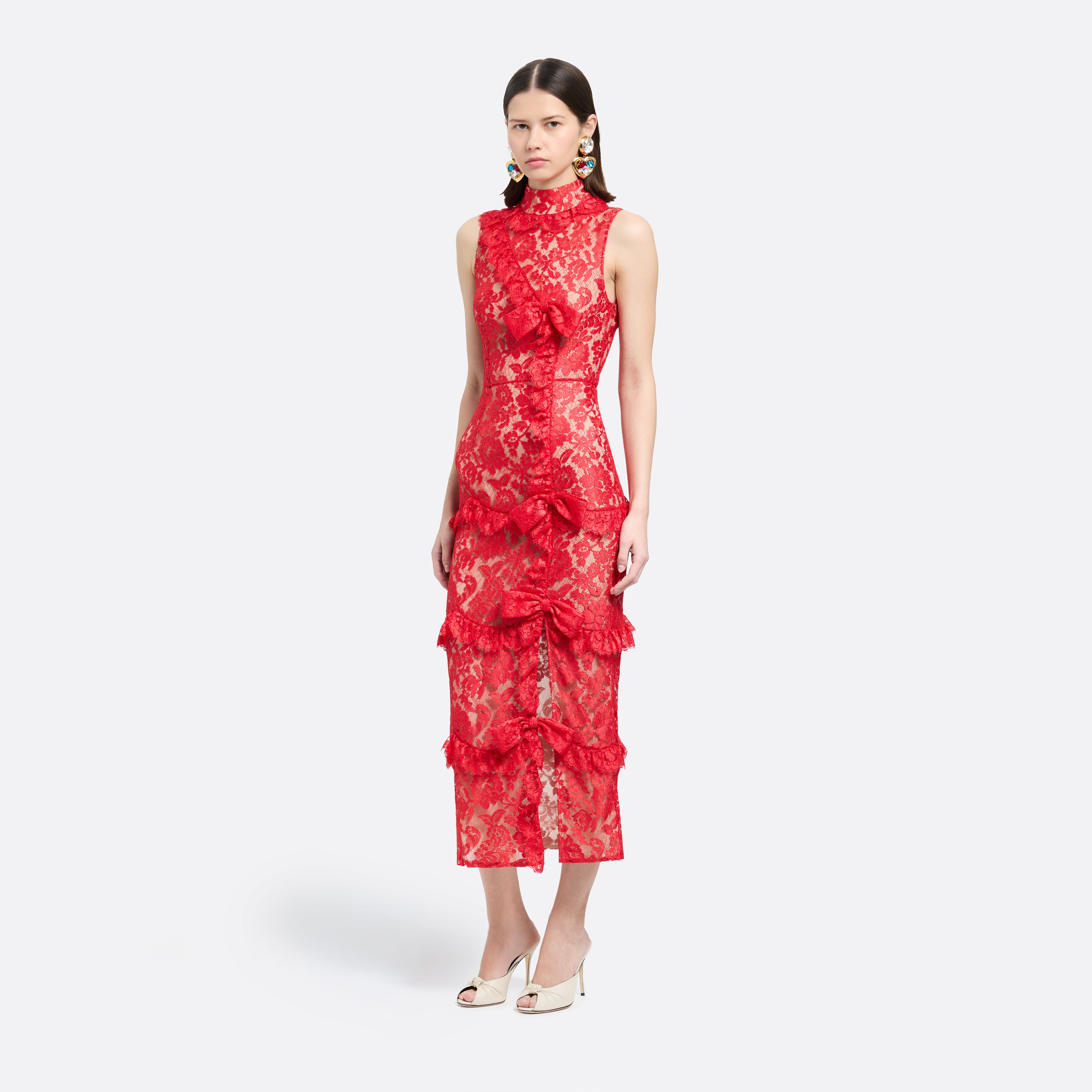 Alessandra Rich Dresses Lace Robe dentelle rouge col montant