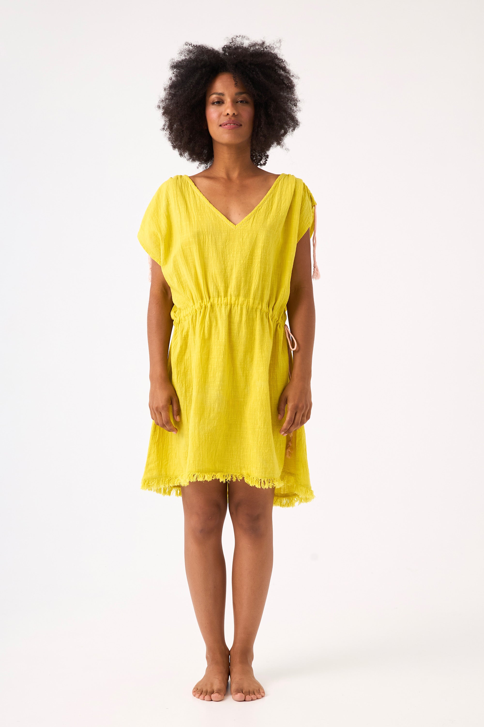 Chicosoleil Callie robe jaune courte coton slub poches