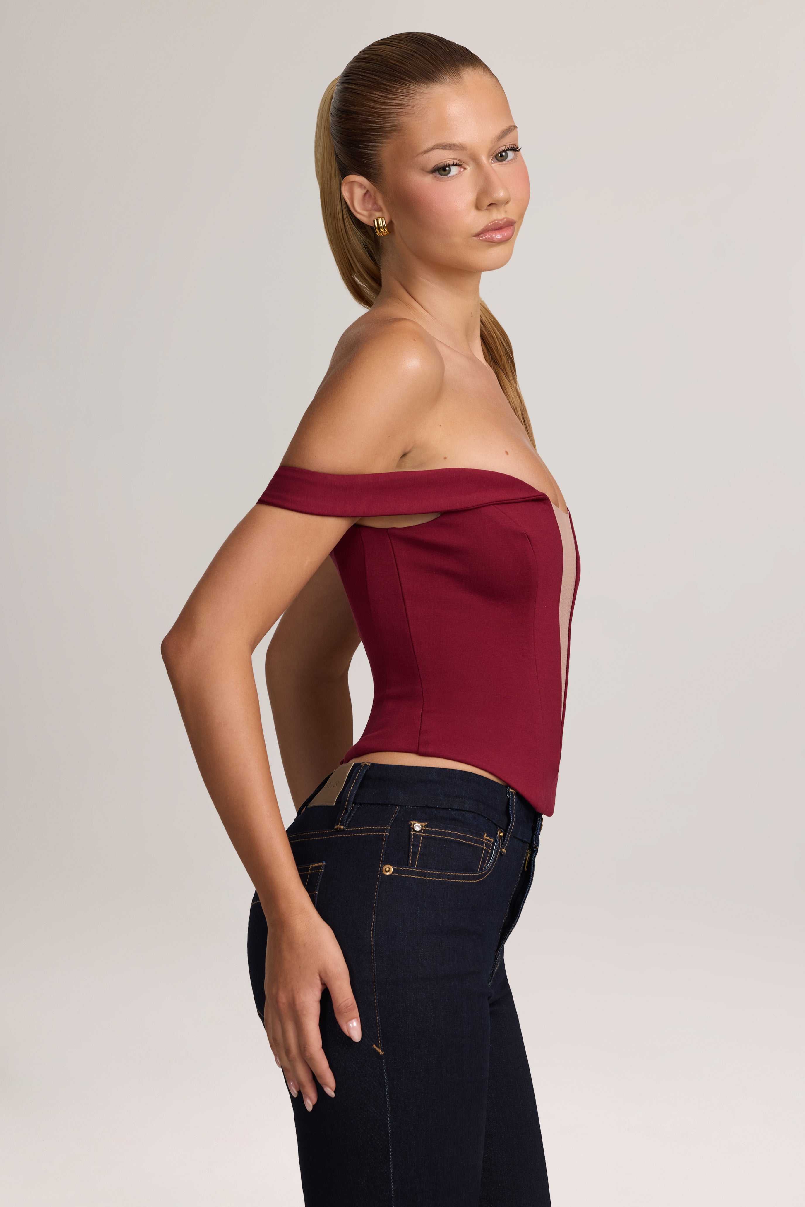 Oh Polly Jenn top corset bardot Wine ponte stretch