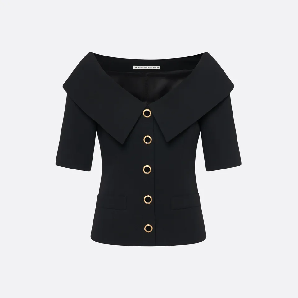 Alessandra Rich Wool Crepe Off-Shoulder veste noire laine