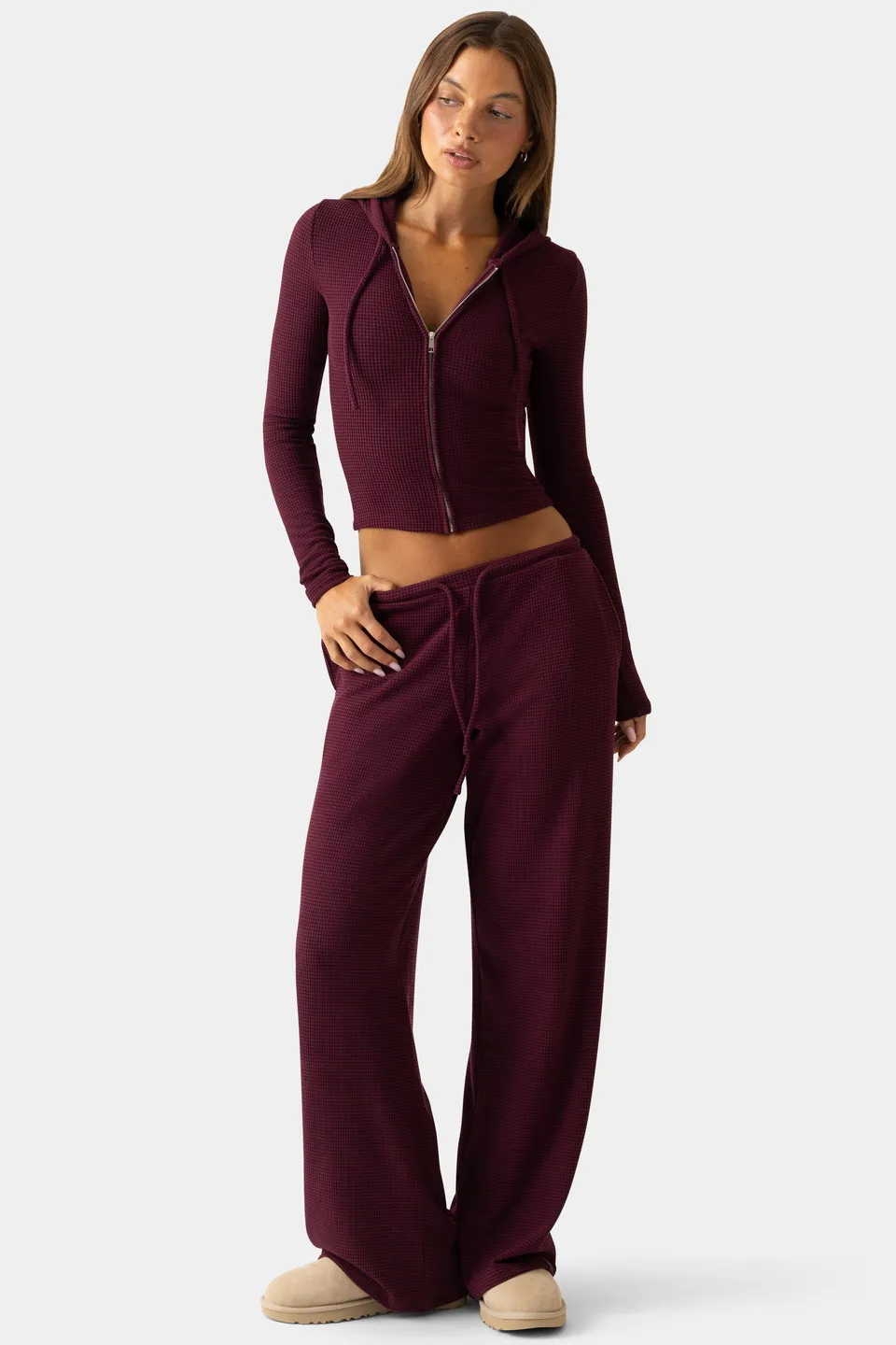 Oh Polly Bo+Tee Ribbed Jersey Low-Rise Trousers pantalon prune