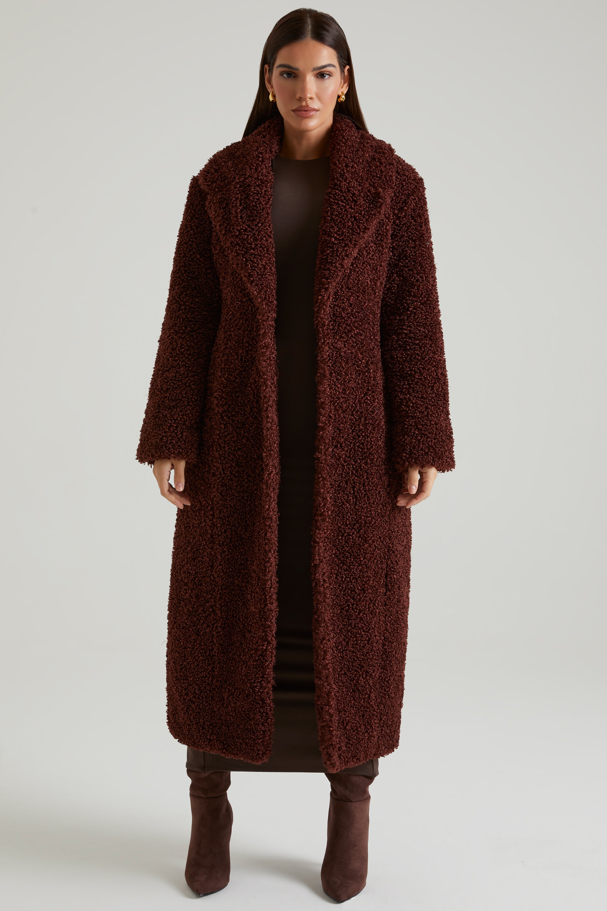 Oh Polly 7758 Manteau Femme Marron Long Fausse Fourrure