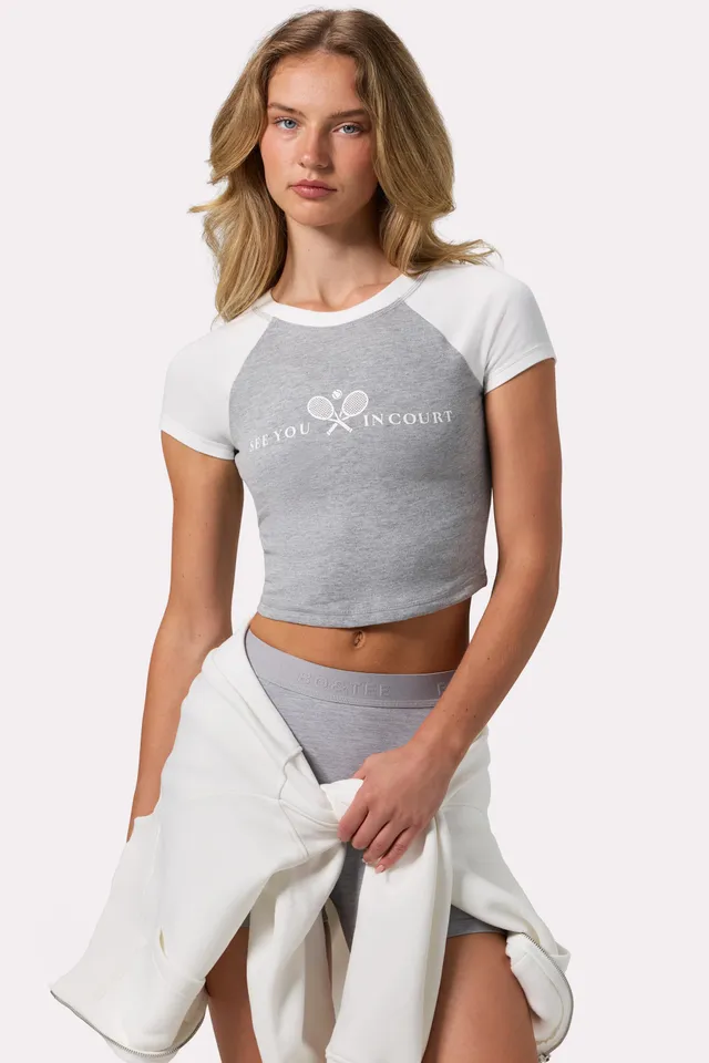 Oh Polly BT1926 t-shirt crop gris imprimé coton