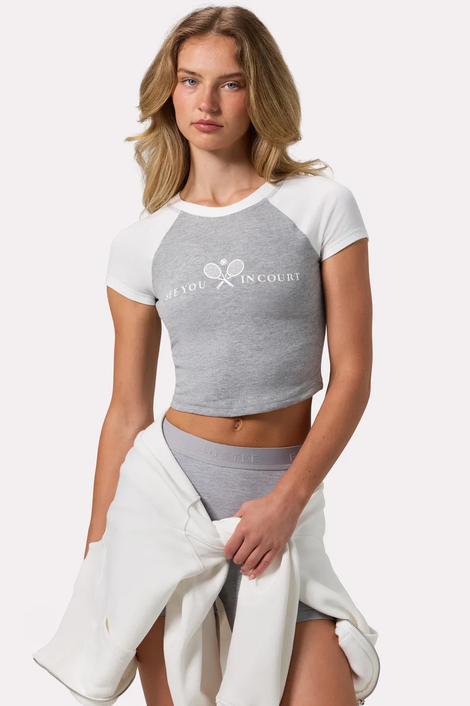 Oh Polly BT1926 t-shirt crop gris imprimé coton