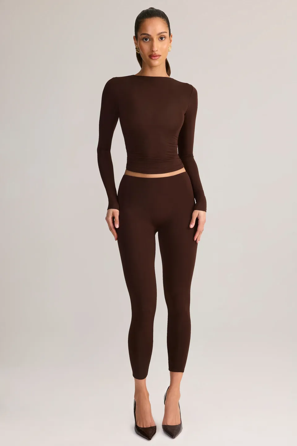 Oh Polly Roux 15441 Legging Marron 7/8 Taille Mi-Haute Modal
