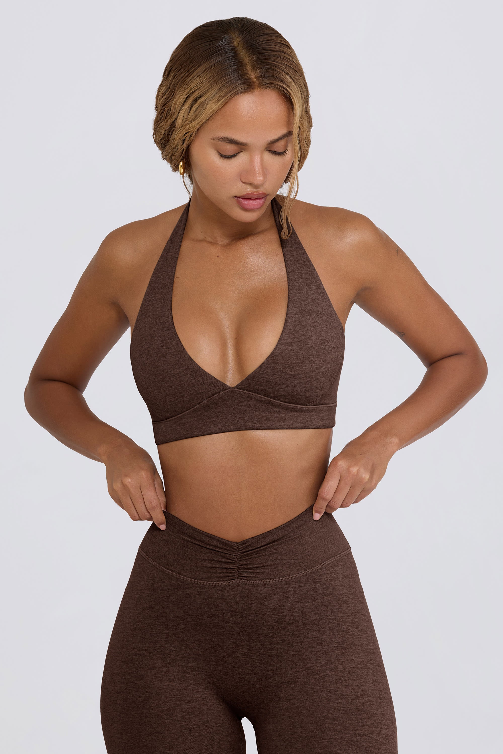 Bo+Tee brassiere sport marron pecan col V chiné