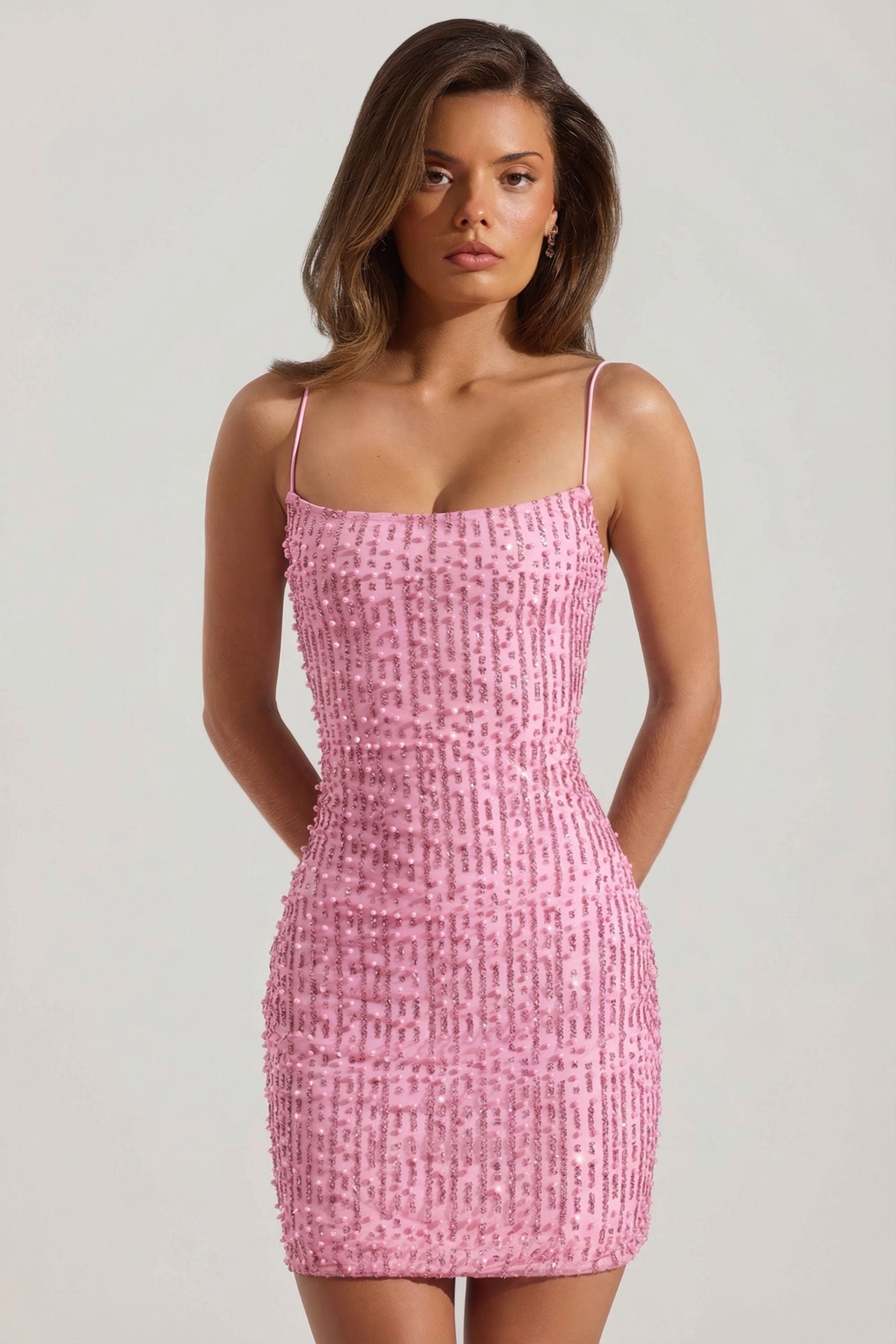 Oh Polly Drop a Glint Mini Robe Rose Perles Bodycon
