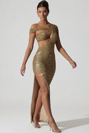 Oh Polly Embellished Persephone robe longue dorée sequins fendue